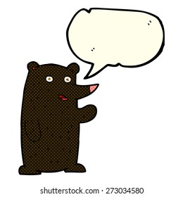 cartoon waving black bear with speech bubble