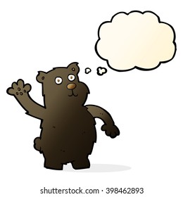 cartoon waving black bear with thought bubble