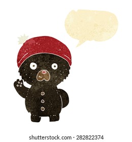 cartoon waving black teddy bear in winter hat with speech bubble