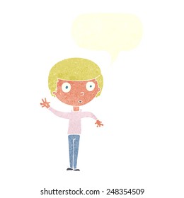 cartoon waving boy with speech bubble