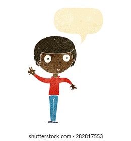 cartoon waving boy with speech bubble