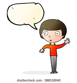 cartoon waving boy with speech bubble