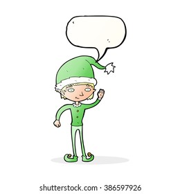 cartoon waving christmas elf with speech bubble