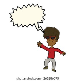 cartoon waving cool guy with speech bubble