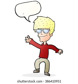 cartoon waving cool guy with speech bubble
