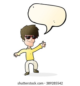 cartoon waving cool guy with speech bubble