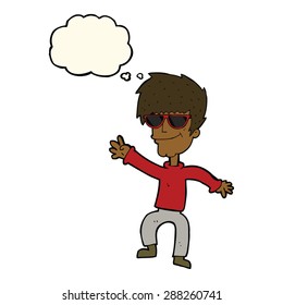 cartoon waving cool guy with thought bubble