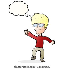 cartoon waving cool guy with thought bubble