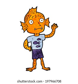 caricatura saludando a un chico de peces