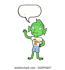 cartoon waving fish boy with speech bubble