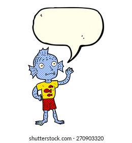 cartoon waving fish boy with speech bubble