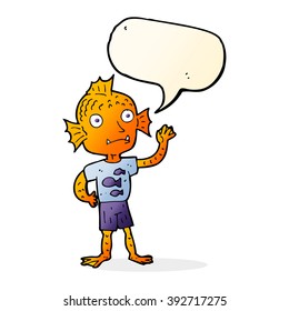 cartoon waving fish boy with speech bubble