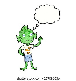 cartoon waving fish boy with thought bubble
