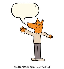 cartoon waving fox with speech bubble