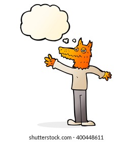 cartoon waving fox with thought bubble