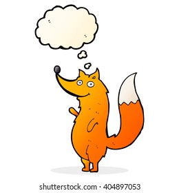 cartoon waving fox with thought bubble