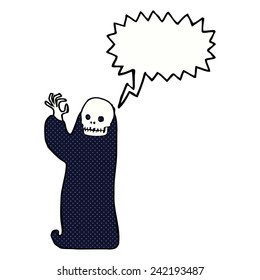 cartoon waving halloween ghoul with speech bubble