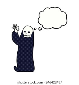 cartoon waving halloween ghoul with thought bubble