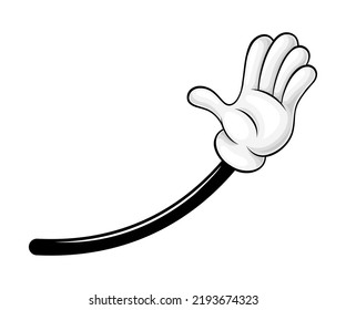 La mano ondulante y el brazo cómico con cinco dedos en la ilustración de un vector de guantes blancos