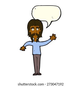 cartoon waving man with mustache with speech bubble