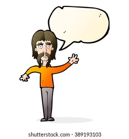 cartoon waving man with mustache with speech bubble