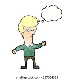 cartoon waving man with thought bubble