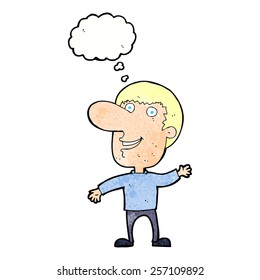 cartoon waving man with thought bubble