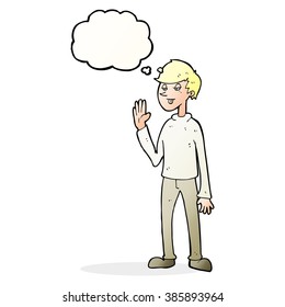 cartoon waving man with thought bubble