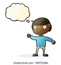 cartoon waving man with thought bubble