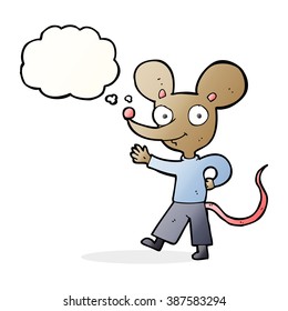 cartoon waving mouse with thought bubble