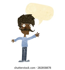 cartoon waving mustache man with speech bubble