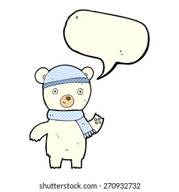 cartoon waving polar bear cub with speech bubble