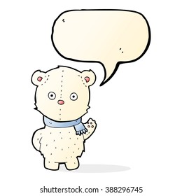cartoon waving polar bear cub with speech bubble
