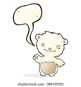 cartoon waving polar bear cub with speech bubble