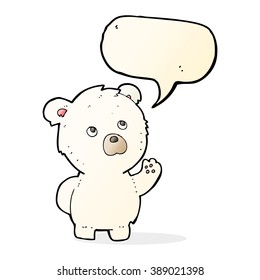 cartoon waving polar bear with speech bubble