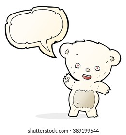 cartoon waving polar bear with speech bubble