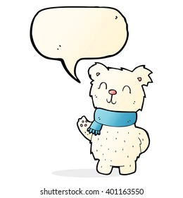 cartoon waving polar bear with speech bubble