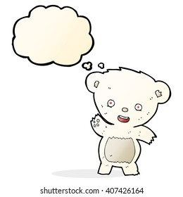 cartoon waving polar bear with thought bubble