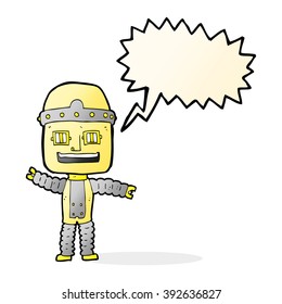 cartoon waving robot with speech bubble