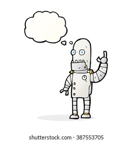 cartoon waving robot with thought bubble