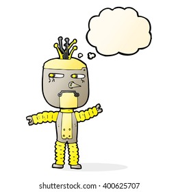 cartoon waving robot with thought bubble
