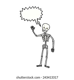 cartoon waving skeleton with speech bubble