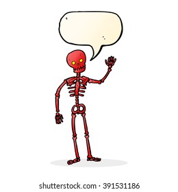 cartoon waving skeleton with speech bubble