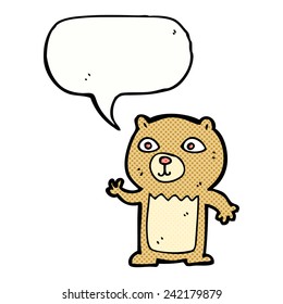 cartoon waving teddy bear with speech bubble