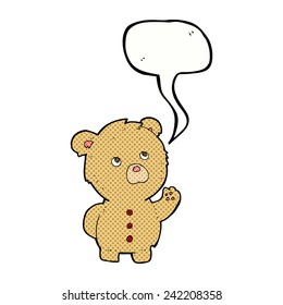 cartoon waving teddy bear with speech bubble