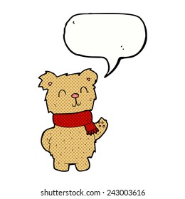 cartoon waving teddy bear with speech bubble