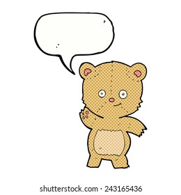 caricatura agitando un oso de peluche con burbuja de habla