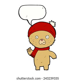 caricatura agitando un oso de peluche con burbuja de habla
