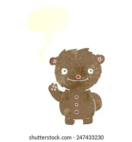 cartoon waving teddy bear with speech bubble