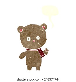 caricatura agitando un oso de peluche con burbuja de habla